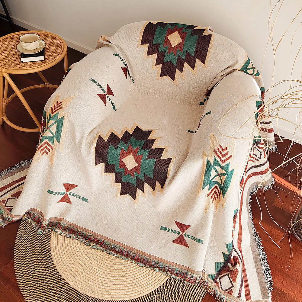 Boho Throw Blanket Fringe - Coperta oversize Boho Azteco con frange